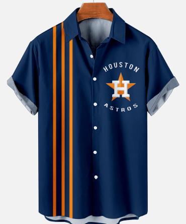 Houston Astros Baseball Stripe Print Short Sleeve Bowling Hawaiian Shirt