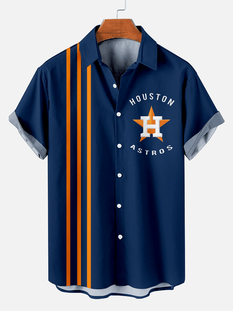 Houston Astros Baseball Stripe Print Short Sleeve Bowling Hawaiian Shirt