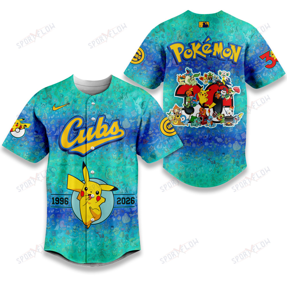 Chicago Cubs X Pokémon 30Th Anniversary Cyan Ombre Baseball Jersey