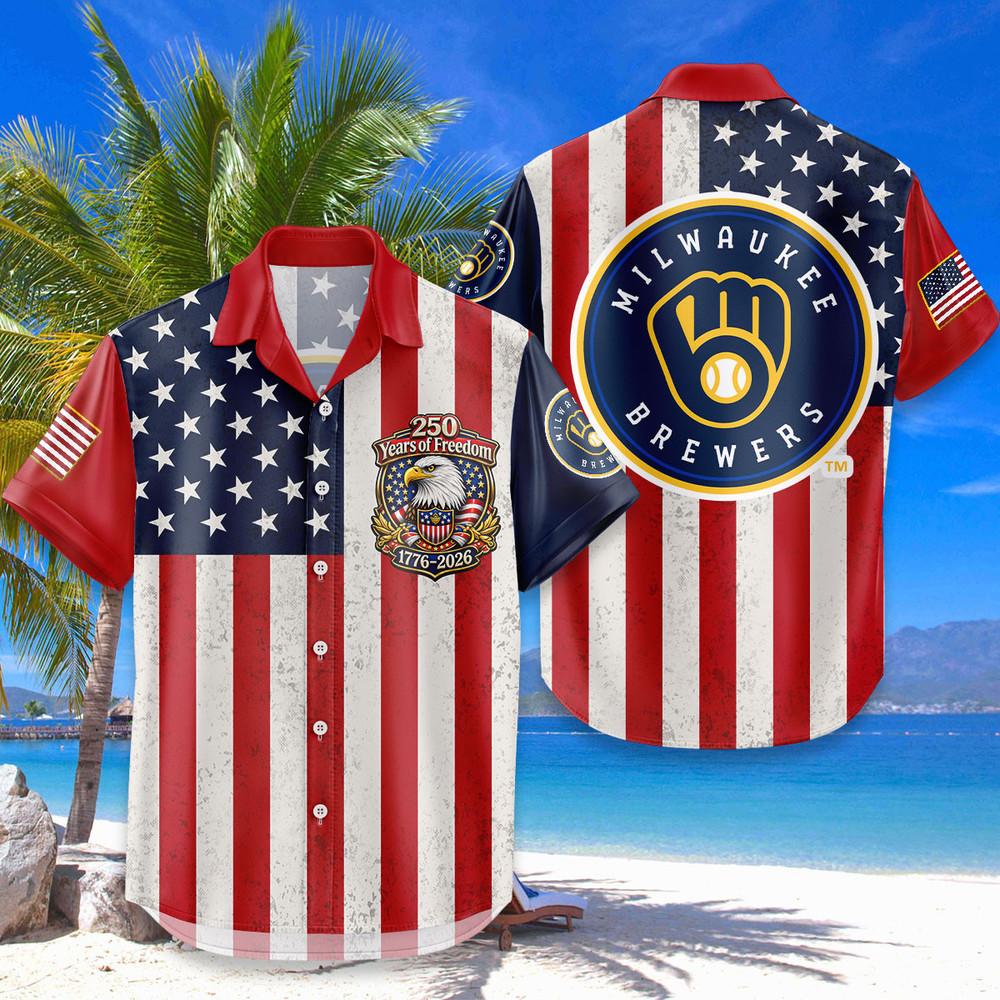 Milwaukee Brewers Hawaiian Shirt Usa Flag 250 Years Of Freedom Anniversary 1776-2026