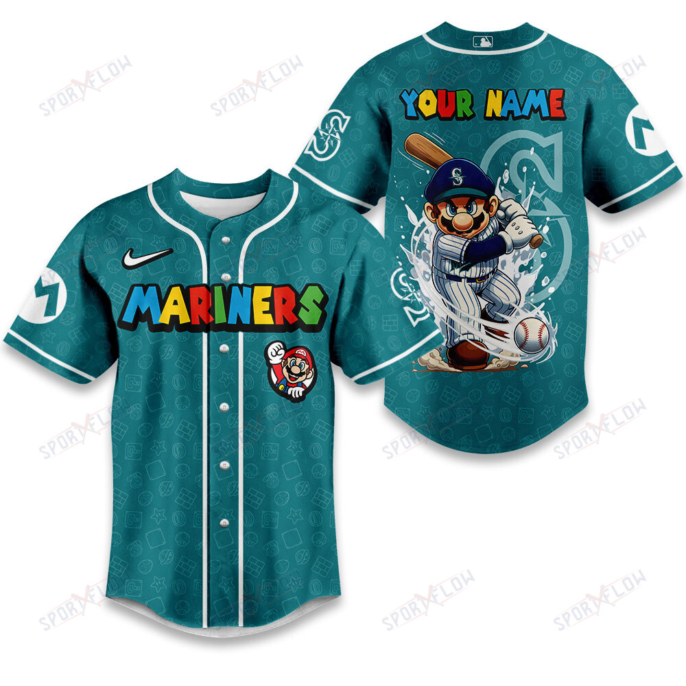 Seattle Mariners X Super Mario Grand Slam Custom Name Baseball Jersey