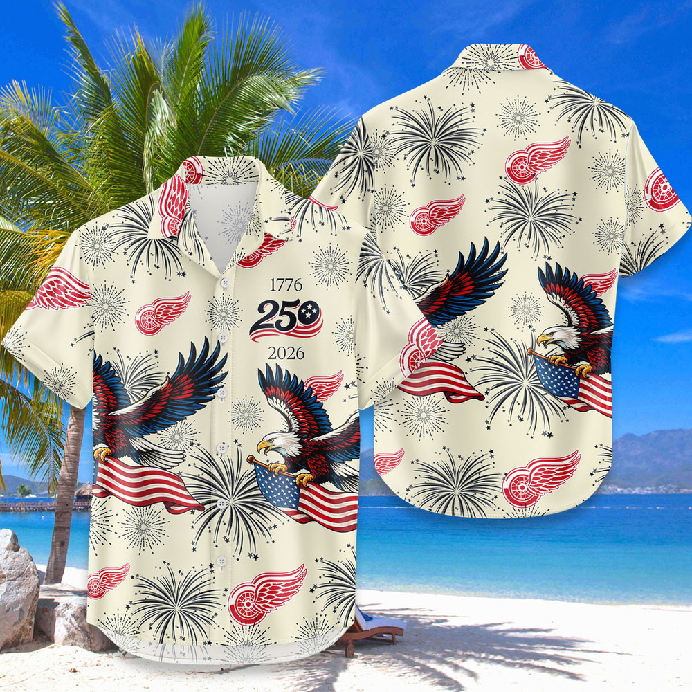 Detroit Red Wings Hawaiian Shirt Usa Flag 250 Years Of Freedom Anniversary 1776-2026