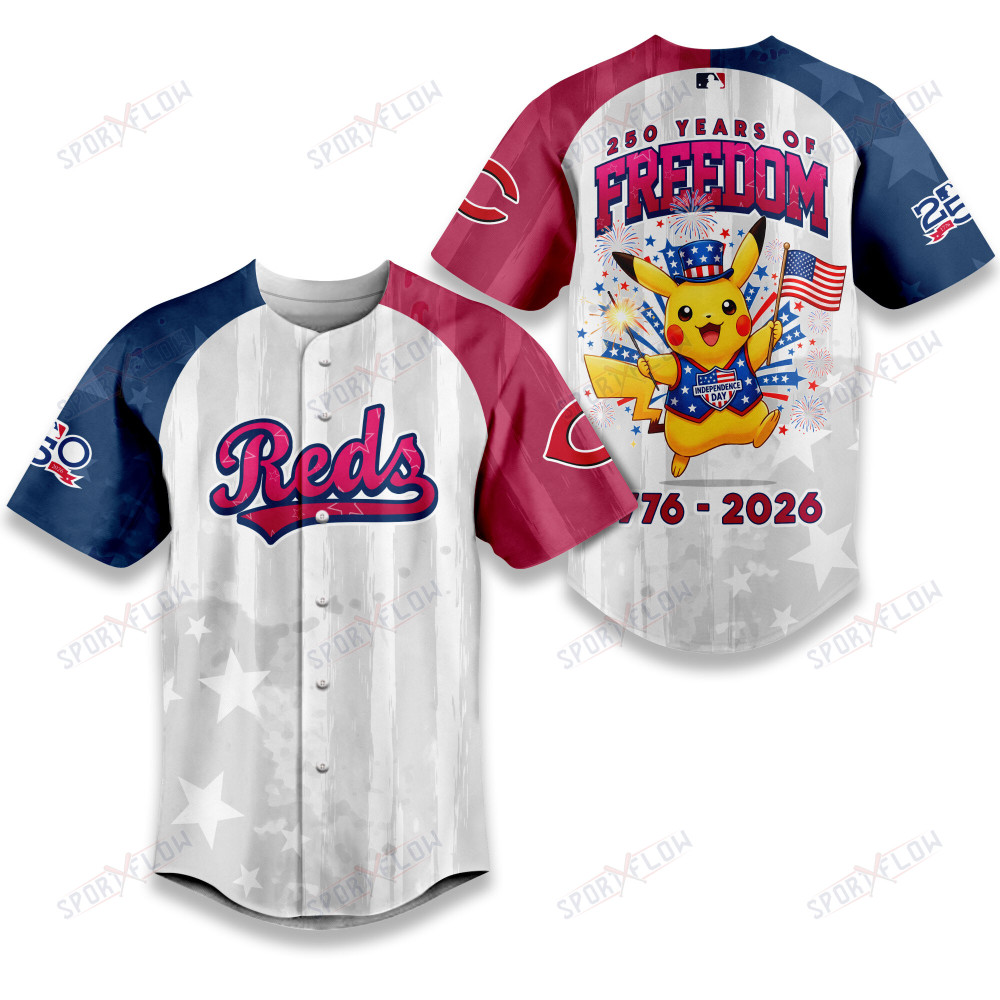 Cincinnati Reds X Pikachu Proud Of 250 Years Of Freedom Baseball Jersey