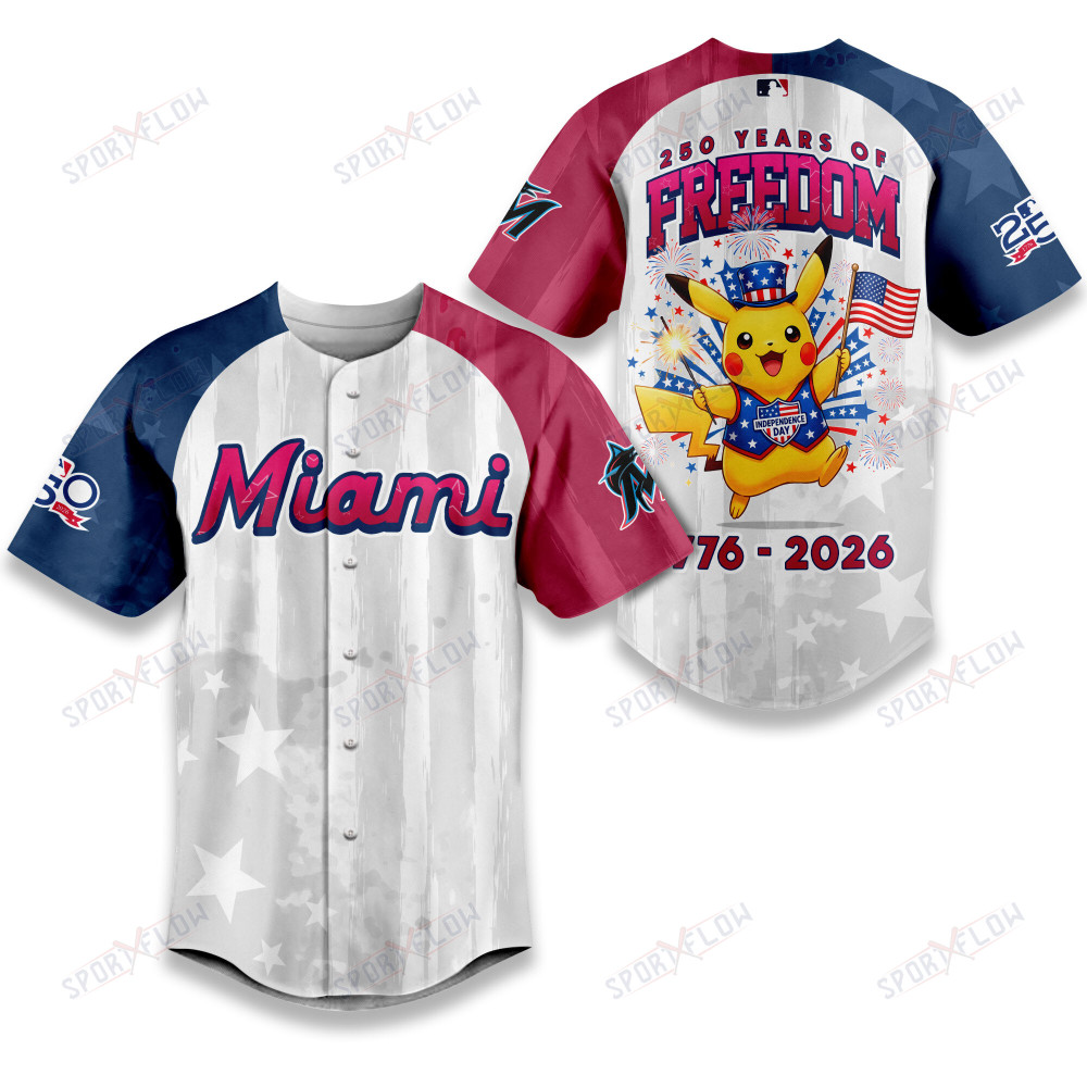 Miami Marlins X Pikachu Proud Of 250 Years Of Freedom Baseball Jersey