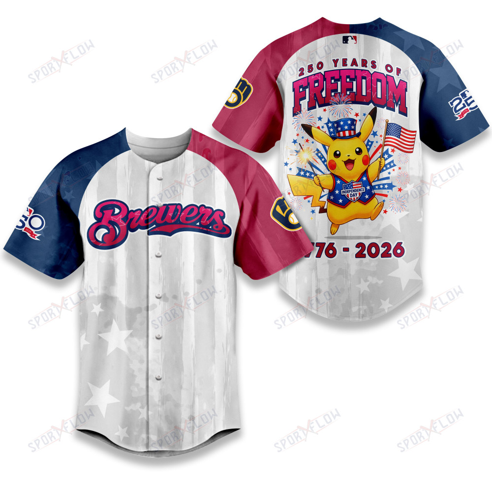 Milwaukee Brewers X Pikachu Proud Of 250 Years Of Freedom Baseball Jersey
