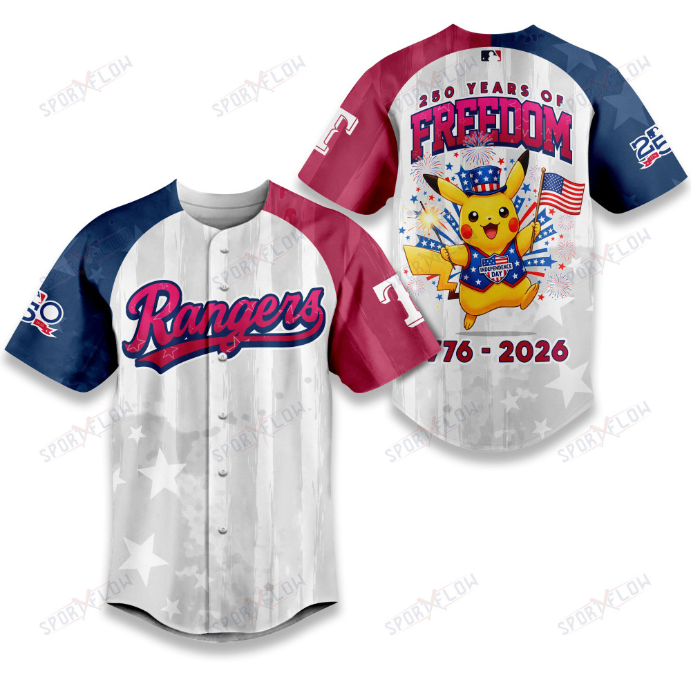 Texas Rangers X Pikachu Proud Of 250 Years Of Freedom Baseball Jersey