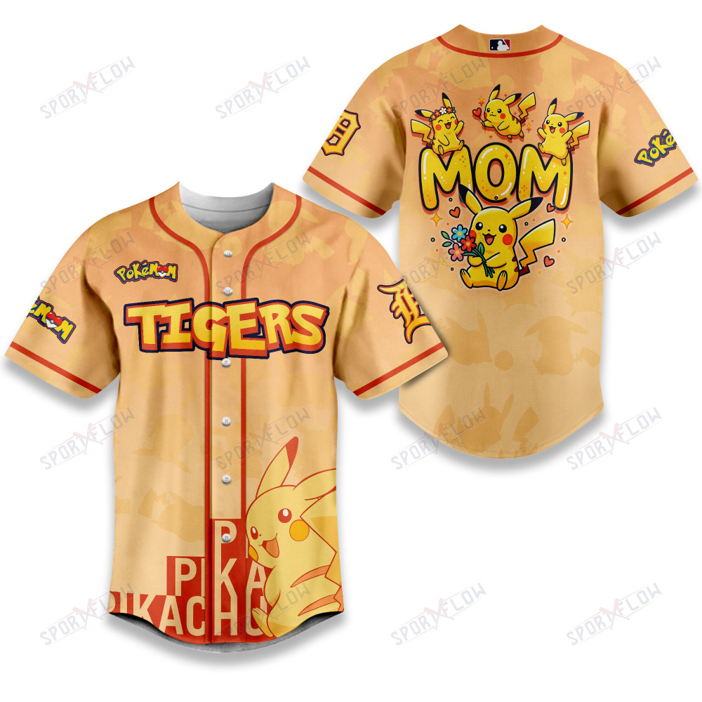 Detroit Tigers Pikachu Mom Art Baseball Jersey