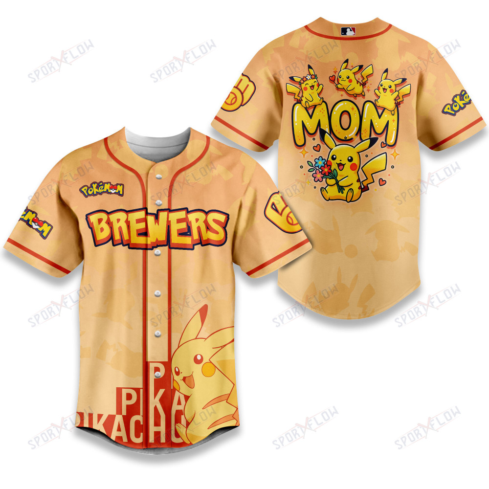 Milwaukee Brewers Pikachu Mom Art Baseball Jersey