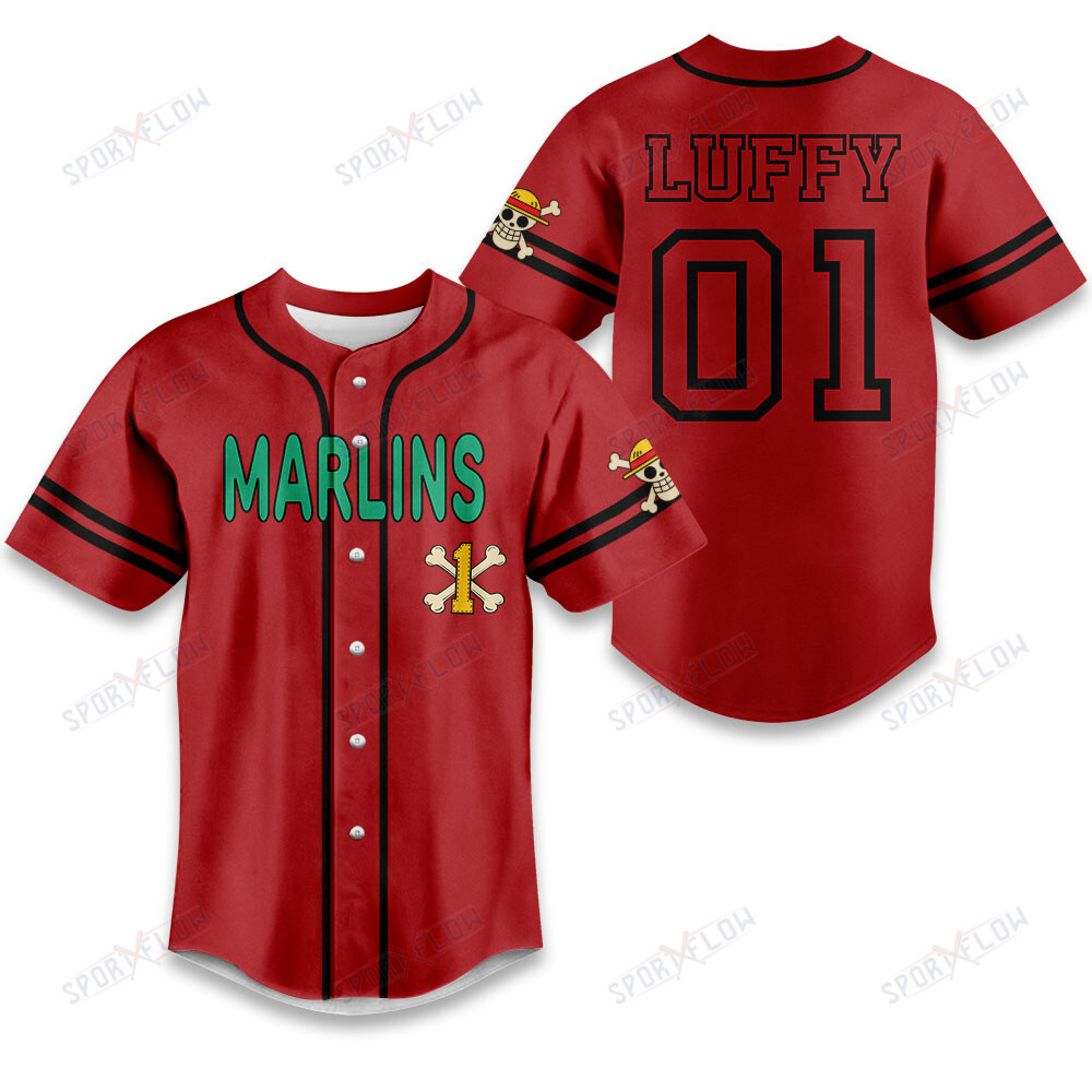 Miami Marlins X One Piece Yellow Straw Hat Skull On Red Baseball Jersey