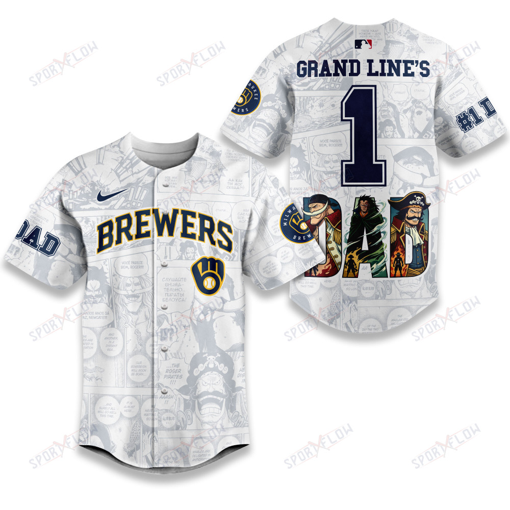 Milwaukee Brewers X One Piece Grand Line'S #1 Dad Custom Baseball Jersey