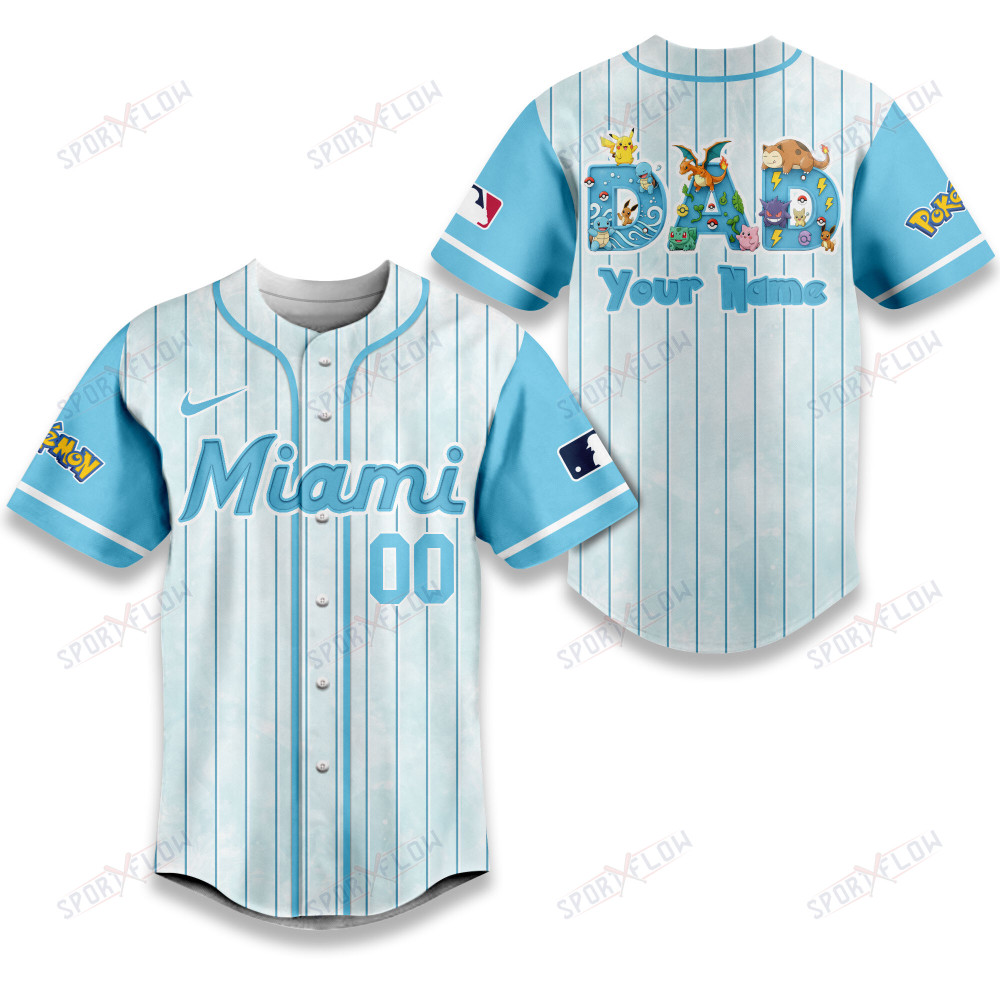 Miami Marlins X Pokemon Dad Pastel Blue Baseball Jersey