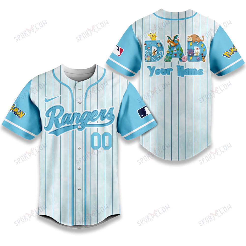 Texas Rangers X Pokemon Dad Pastel Blue Baseball Jersey