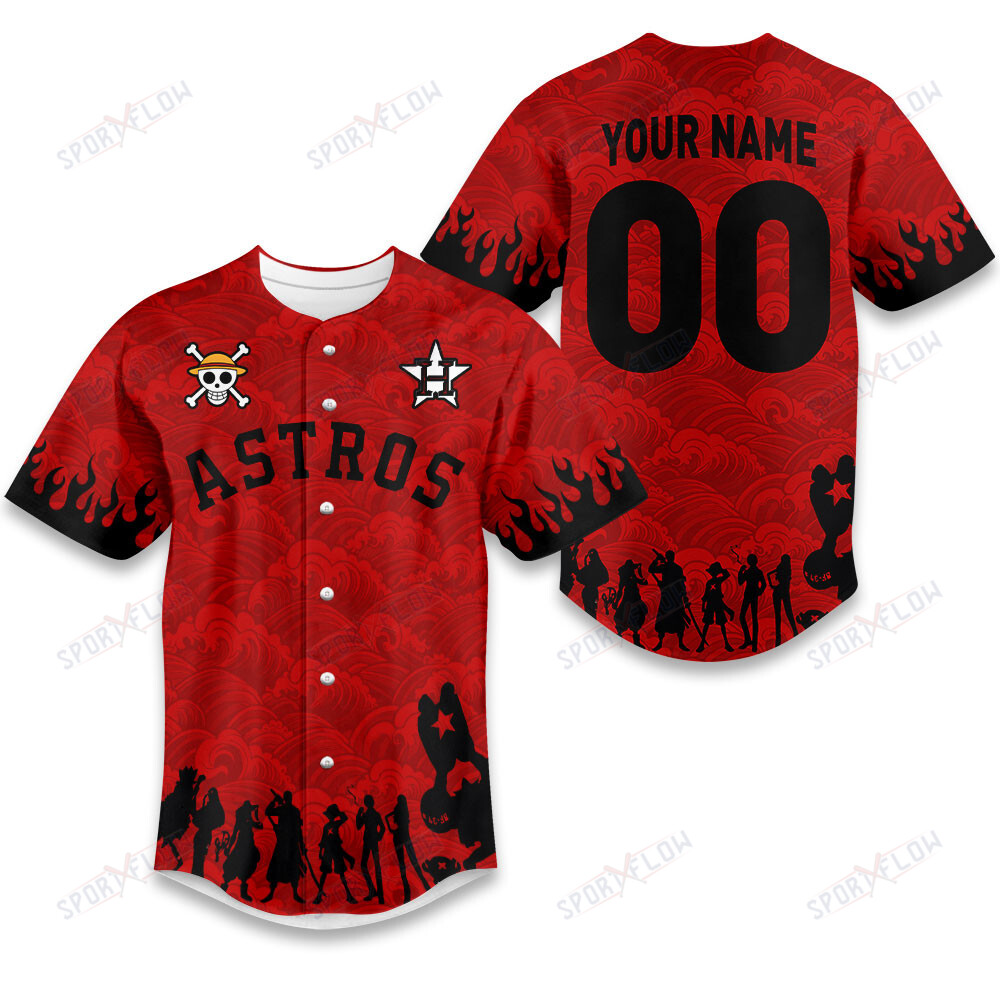 Houston Astros X One Piece Silhouette & Red Wave Design Baseball Jersey