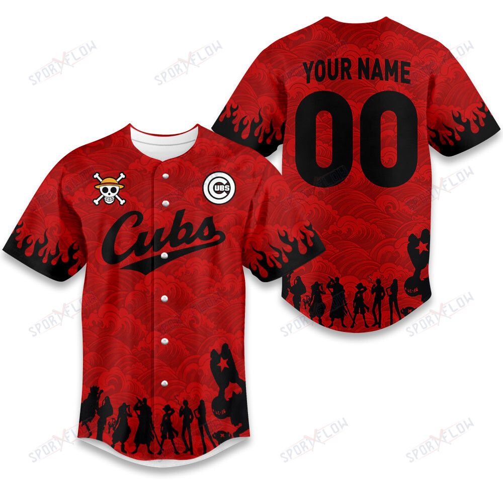 Chicago Cubs X One Piece Silhouette & Red Wave Design Baseball Jersey