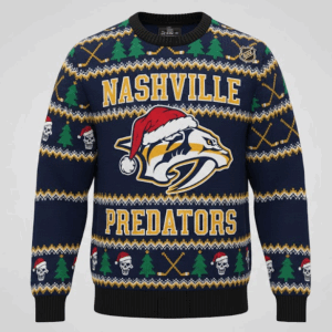 Nashville Predators Nhl Ugly Christmas Sweater – Navy & Gold “Preds” Holiday Knit