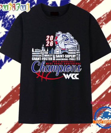Gonzaga Bulldogs 2026 Wcc Men’S Basketball Champions Player Names City Skyline T Shirt