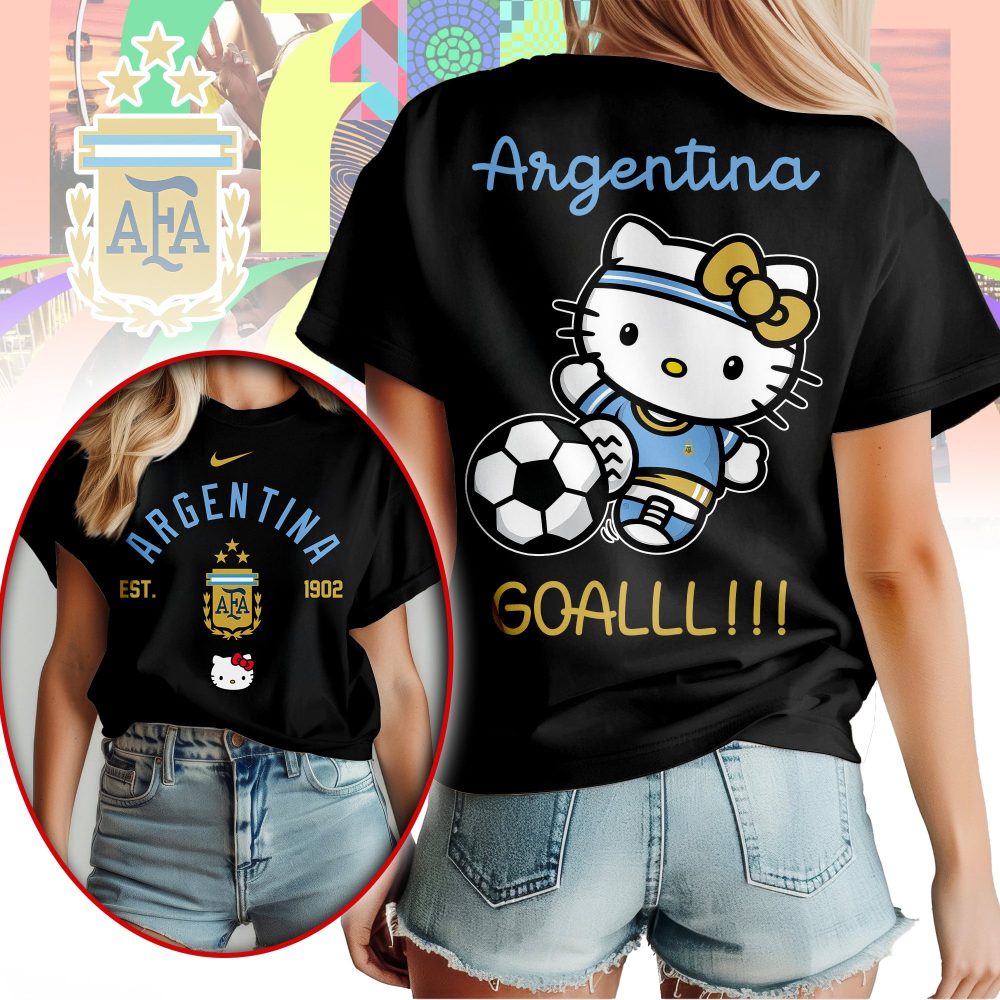 Argentina , Premium Wc26 Hello Kitty Soccer Fan Women Shirt - Image 2
