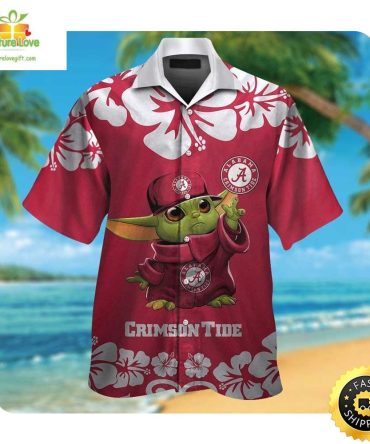 Alabama Crimson Tide Baby Yoda Summer Button Up Hawaiian Shirt