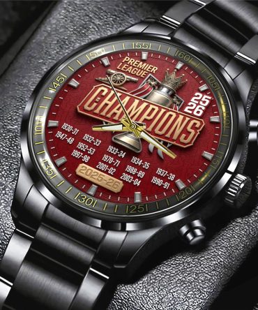 Arsenal Fc Premier League Champions 25/26 Black Stainless Steel Watch