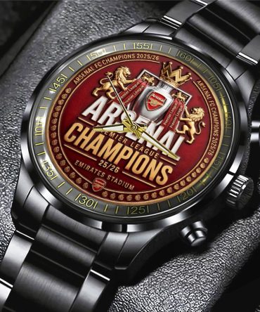 Arsenal Fc Premier League Champions 25/26 Black Stainless Steel Watch