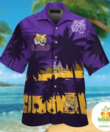 Lsu Tigers Palm Button Up Tropical Hawaiian Shirt