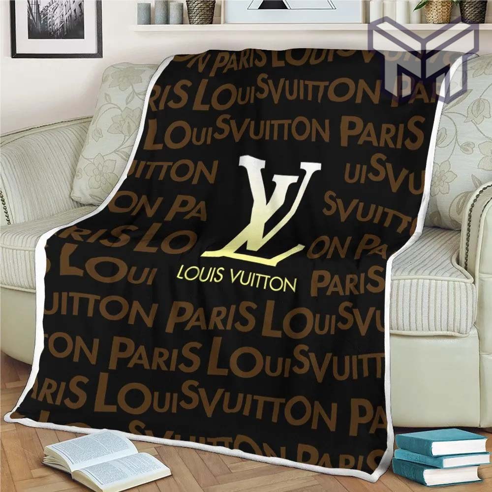 Louis Vuitton Golden Brown Logo Black Quilt Blanket Hot 2023 For Home Decor Special Gift