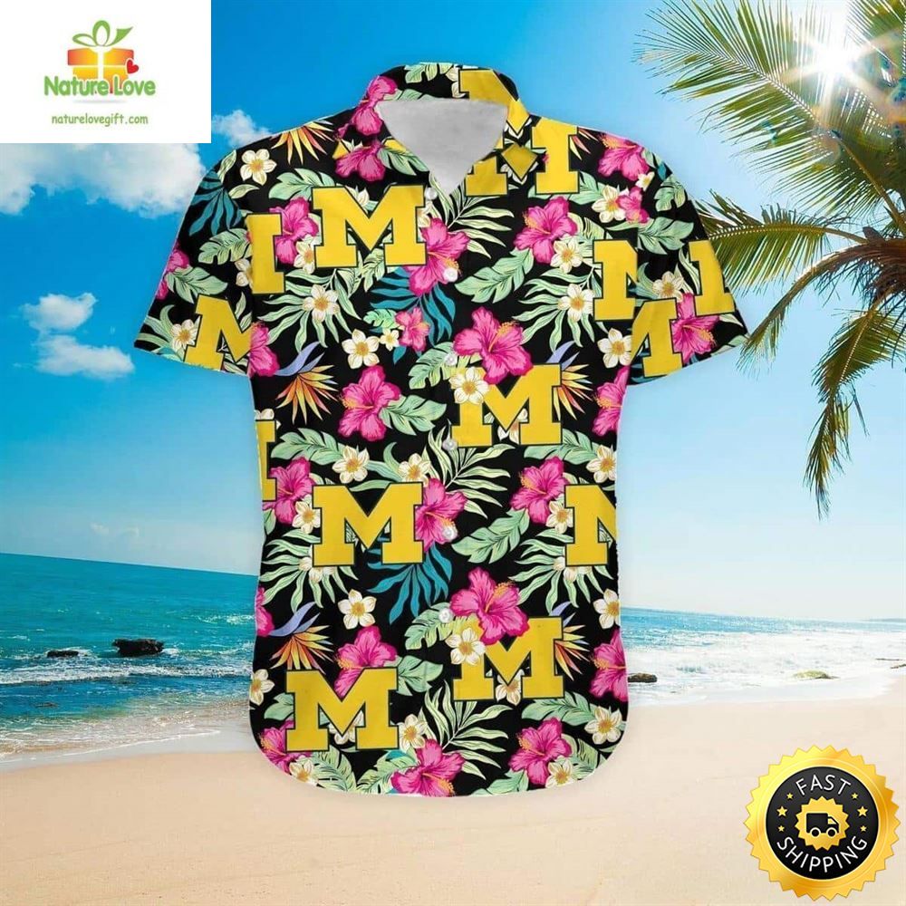 Michigan Wolverines Hawaiian Shirt Hibiscus Pattern Beach Vacation Gift