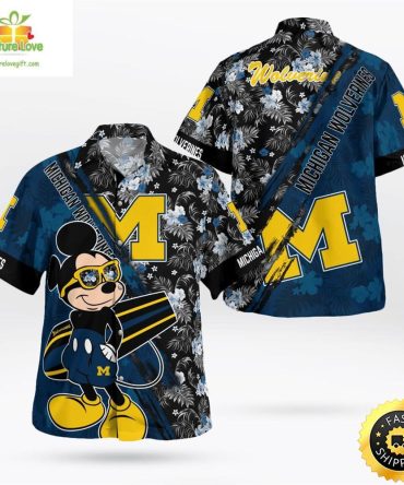 Michigan Wolverines Mickey Mouse Floral Short Sleeve Hawaii Shirt