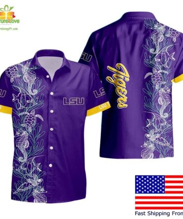 Lsu Tigers Hawaiian Shirt Men Ncaa Turtle Seaweed Pattern