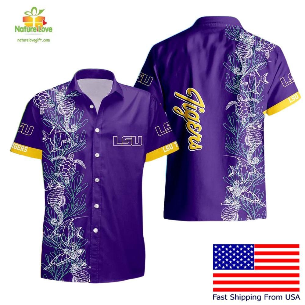 Lsu Tigers Hawaiian Shirt Men Ncaa Turtle Seaweed Pattern