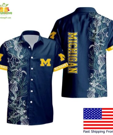 Michigan Wolverines Hawaiian Shirt Turtle Seaweed Pattern