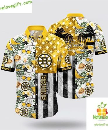 Boston Bruins Hawaiian Shirt With Tropical Hat And Glasses