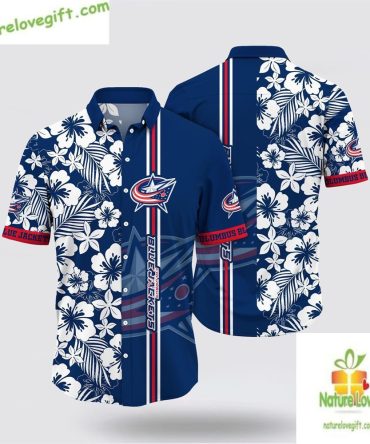 Columbus Blue Jackets Hawaiian Shirt Tropical Apricot Blossom