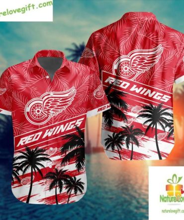 Detroit Red Wings Hawaiian Shirt Palm Tree Button Up Aloha Shirt
