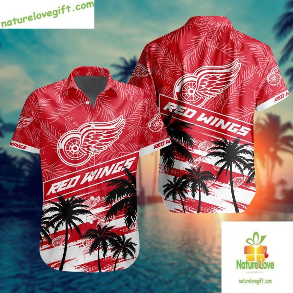 Detroit Red Wings Hawaiian Shirt Palm Tree Button Up Aloha Shirt