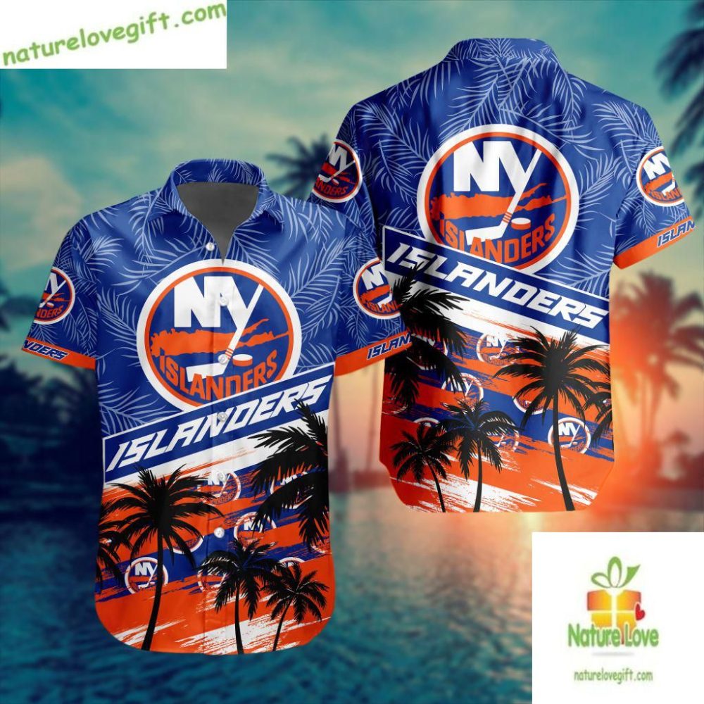 New York Islanders Hawaiian Shirt Palm Tree Button Up Aloha Shirt