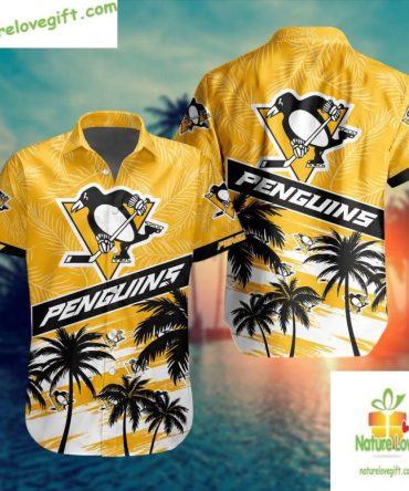 Pittsburgh Penguins Hawaiian Shirt Palm Tree Button Up Aloha Shirt
