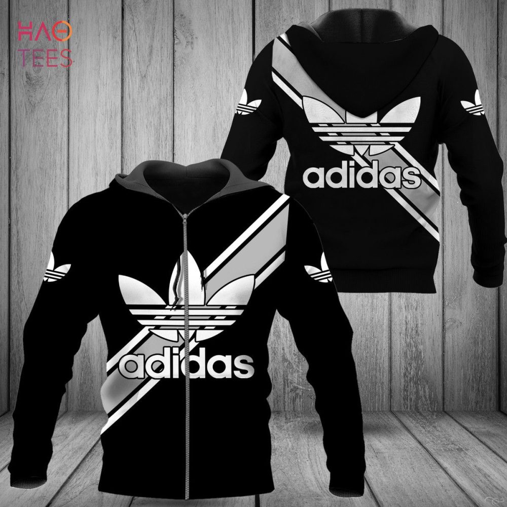 Adidas Full Black Mix Grey Logo Luxury Hoodie Limited Edition