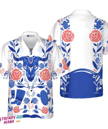 Artistic Longhorn Skull Texas Hawaiian Shirt For Men, White Blue Shirt Shirt For Texans, Texas Lovers