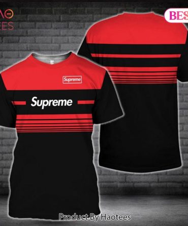 Supreme Black Red Horizontal Stripes Style 3D T-Shirt Limited Edition