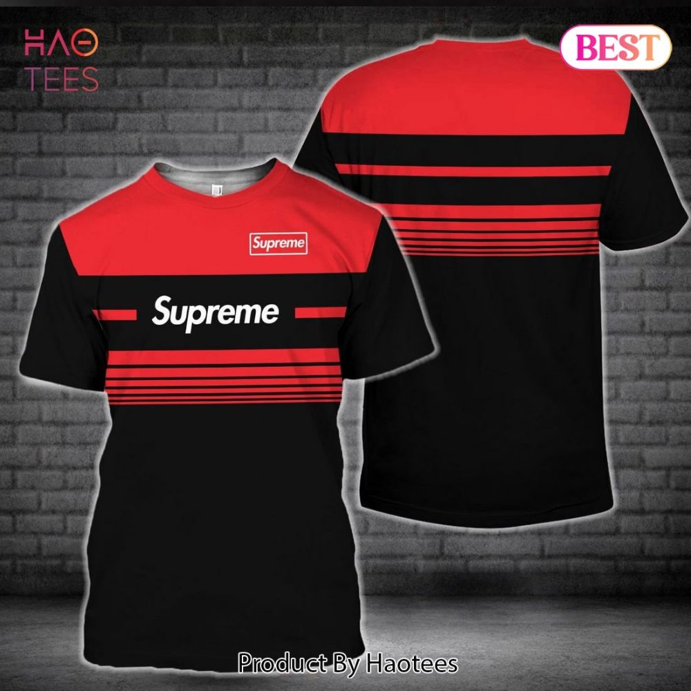 Supreme Black Red Horizontal Stripes Style 3D T-Shirt Limited Edition