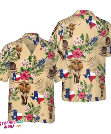 Brown Tribal Pattern Texas Hawaiian Shirt For Men, Armadillo And Longhorn Texas State Shirt, Proud Texas Flag Shirt For Men
