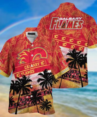 Calgary Flames Nhl Palm Tree Pattern Hawaii Shirt For Sports Fans Unisex Sport Hawaii Shirt