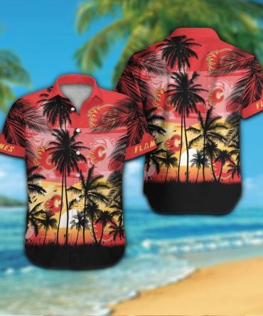 Calgary Flames Short Sleeve Button Up Tropical Shirt Hawaiian Shirt