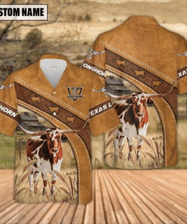 Custom Name Texas Longhorn Leather Pattern Trendy Hawaiian Shirt, Summer Gift For Men And Women