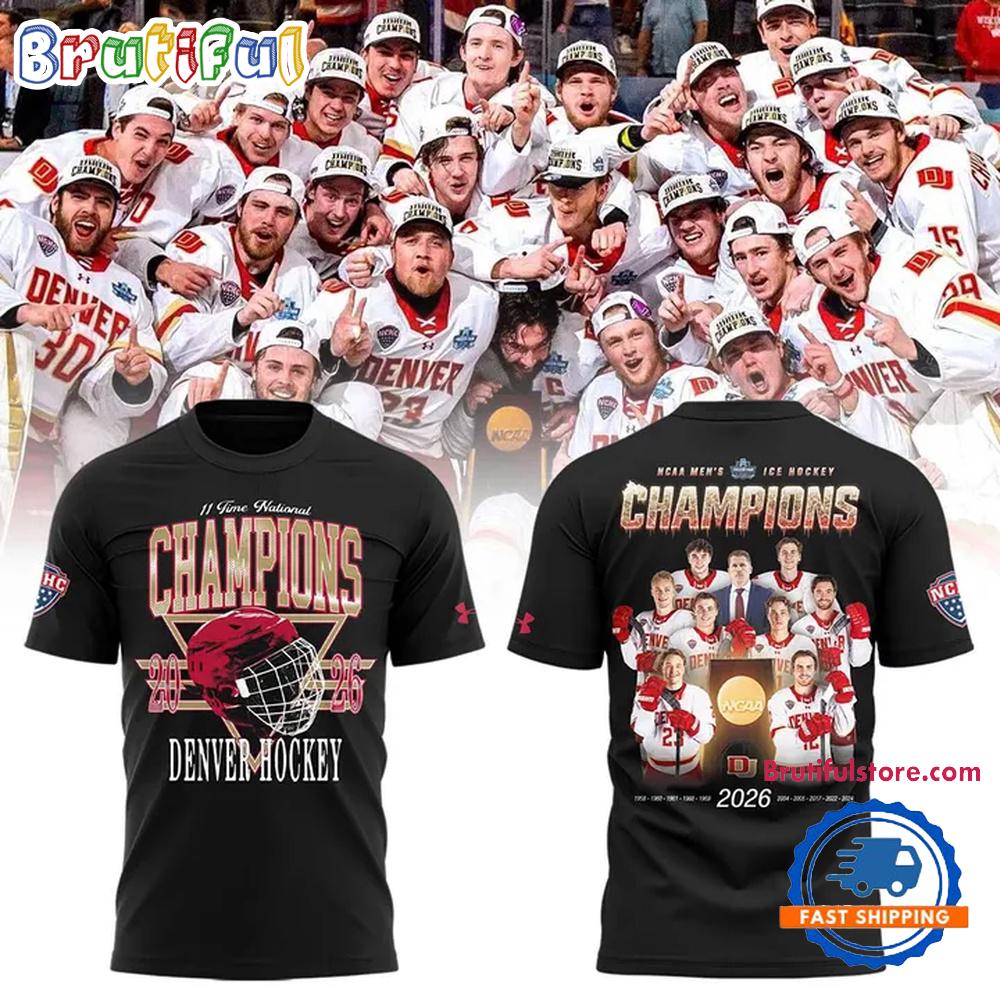 Denver Pioneers 2026 Ncaa Frozen Four Men'S Ice Hockey National Champions All Team Graphic Black T Shirt