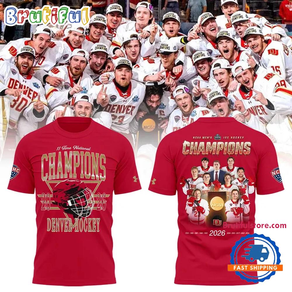 Denver Pioneers 2026 Ncaa Frozen Four Men'S Ice Hockey National Champions All Team Graphic Red T Shirt