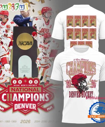 Denver Pioneers 2026 Ncaa Frozen Four Men'S Ice Hockey National Champions Helmet White T Shirt