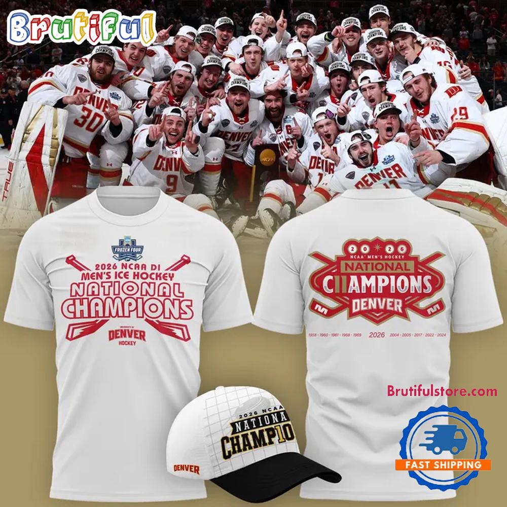 Denver Pioneers 2026 Ncaa Frozen Four Men'S Ice Hockey National Champions White T Shirt