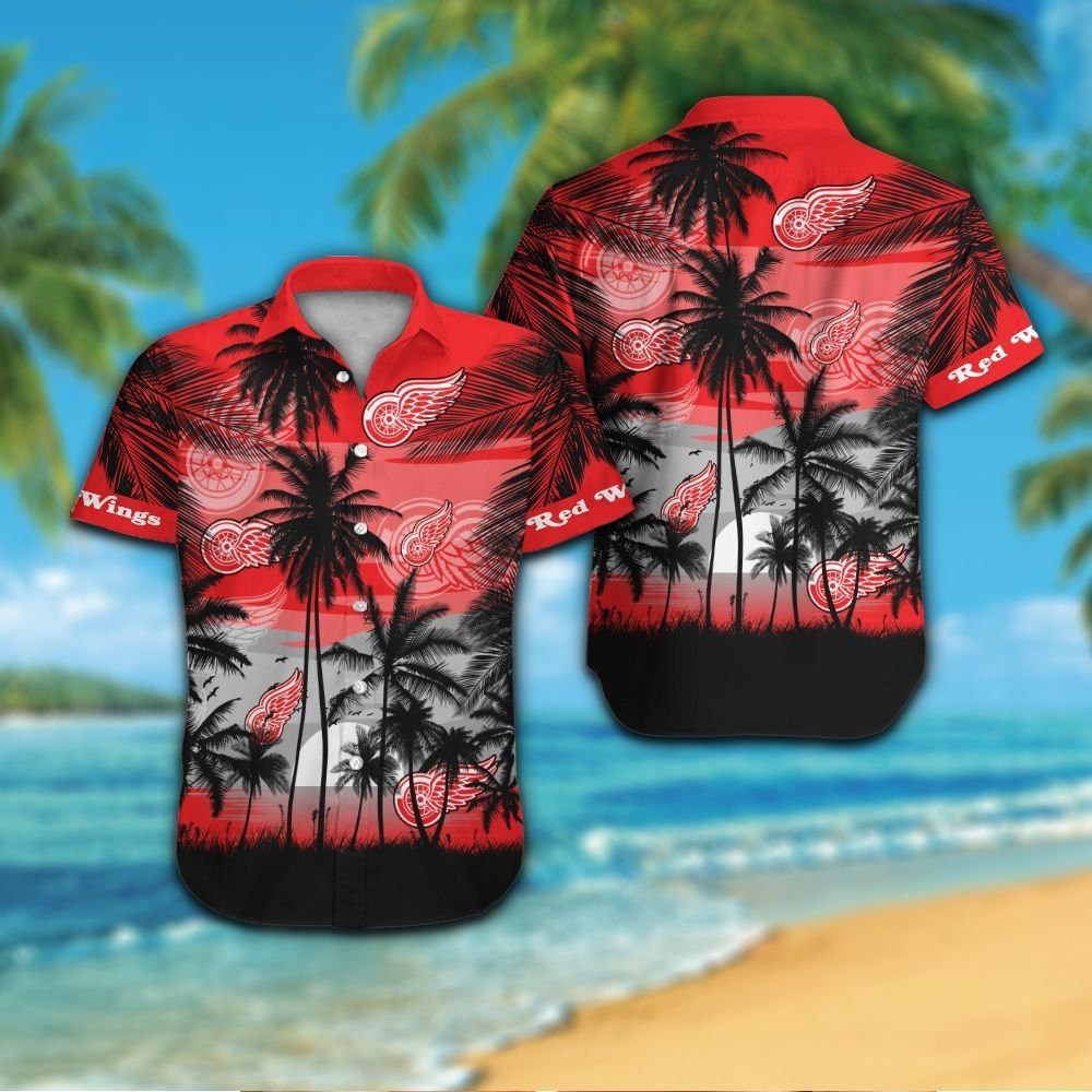 Detroit Red Wings Short Sleeve Button Up Tropical Shirt Hawaiian Shirt
